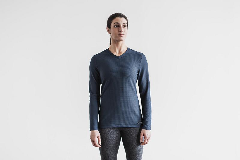 Women's Nobull WoV-Neck Waffle Long Sleeve Navy | SG M3153Q